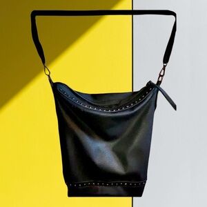 Large Black Studded Vegan Leather Crossbody Bucket Bag w/Gunmetal Hardware | EUC